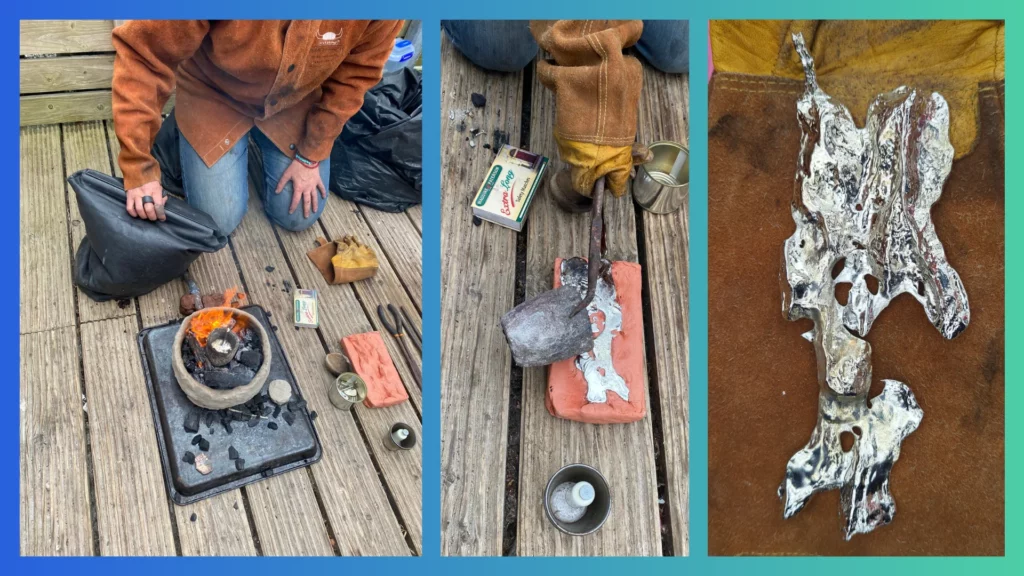 Three photos showing the tin casting process. The first one has Helle Hessner using the bellows to light the fire that melts the tin. The second one has Helle pouring the melted tin into the mould. The third one is the final piece.