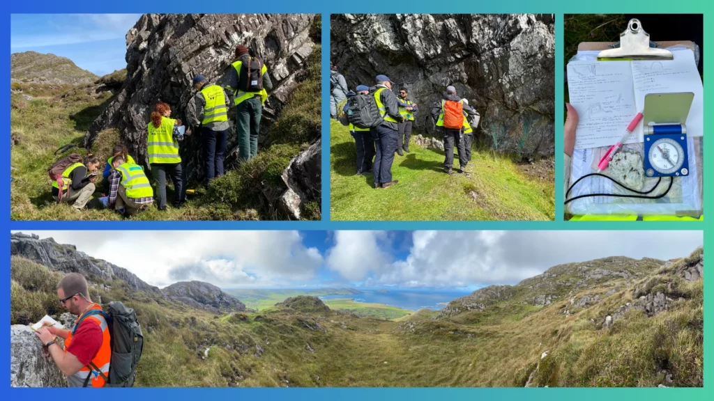 Several photos of the Doctoral Candidates on the field, taking measurements, locating cool geological spots, and drawing.