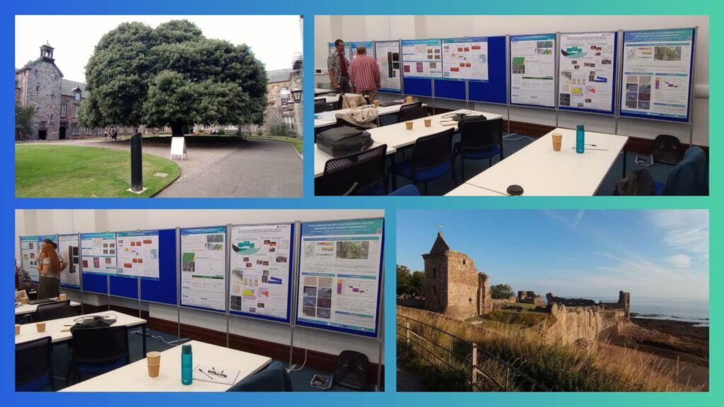 Photo collage of the University, the posters displayed at the venue, and St Andrews castle