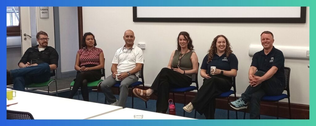 A panel of 6 people on chairs for the discussion on geology careers