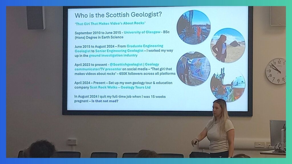 The Scottish Geologist (Luisa Hendry) introduces herself standing in front of a screen